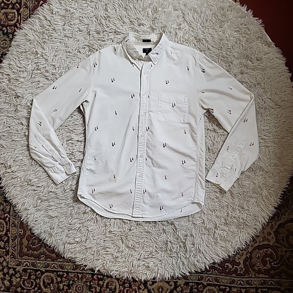 Men's J. Crew Oxford Button Down Shirt White w/ Novelty Sailboats Embroidery - M